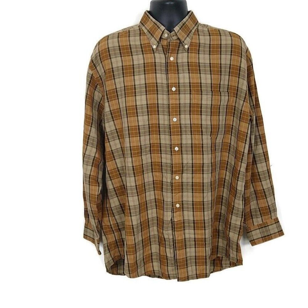 Jos A Bank Mens sz L Casual Button Up Shirt Brown‎ Plaid Long Sleeve Collared